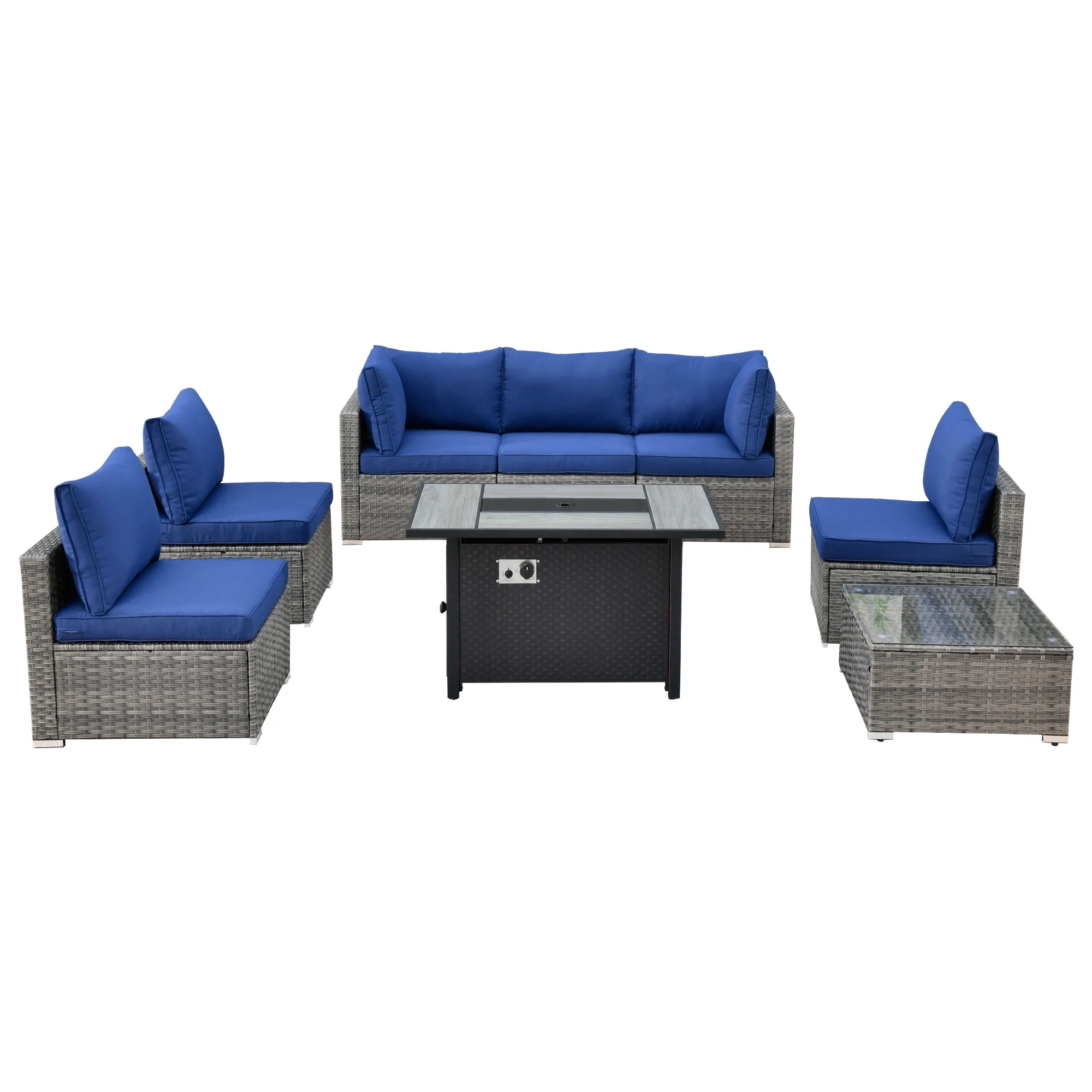 Ovios 8 Pieces Patio Fire Pit Set All Weather Wicker Outdoor Conversation Set with Side Table,Navy Blue