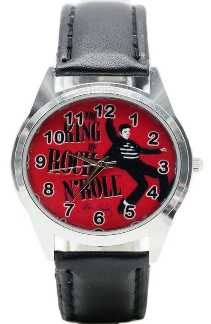 Elvis Presley The KING of ROCK N' ROLL Red Bckg Genuine Leather Band Wristwatch