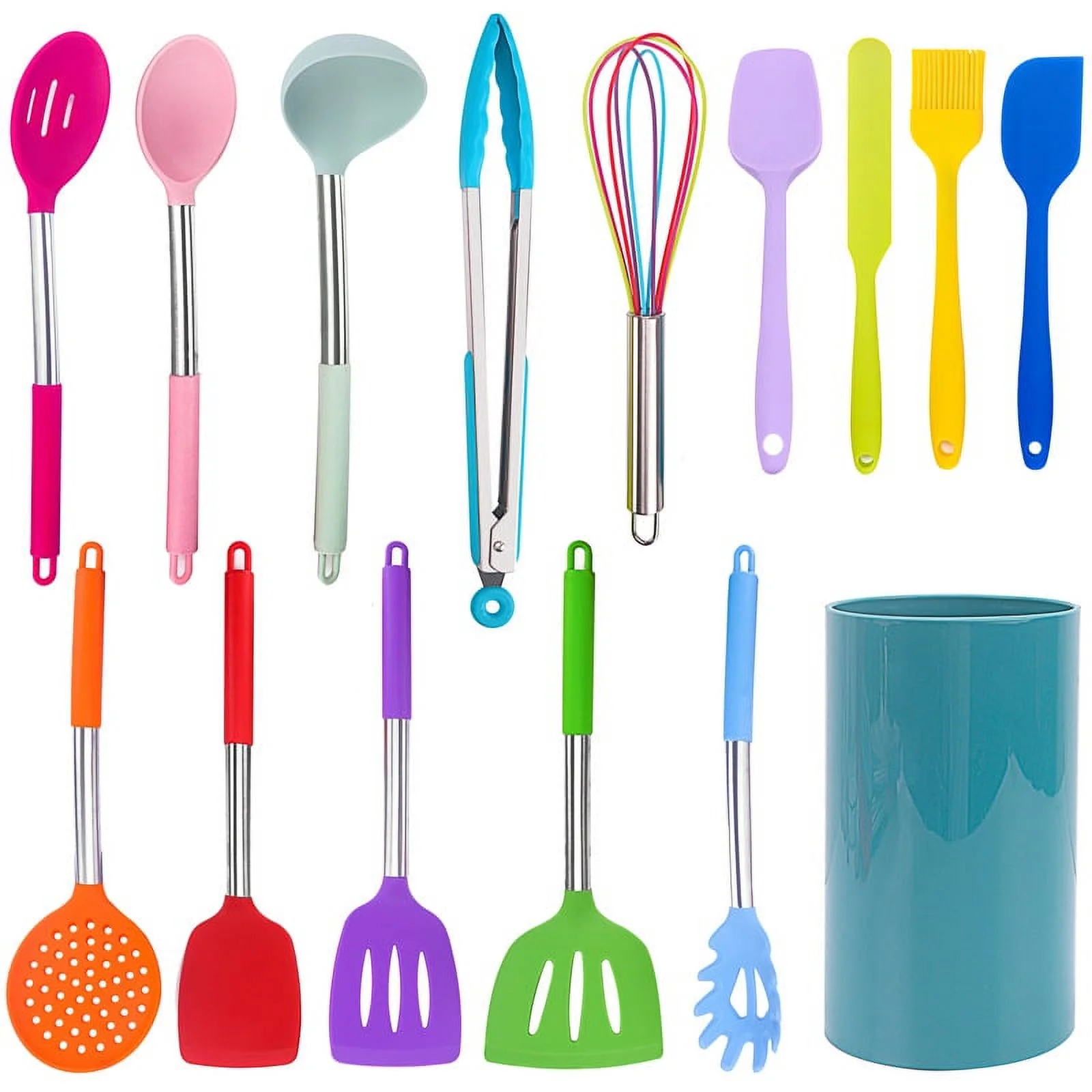 Black Stainless Steel Silicone Handle Kitchen Utensils 15-Piece Set Storage Bucket Kitchen Tools Spatula