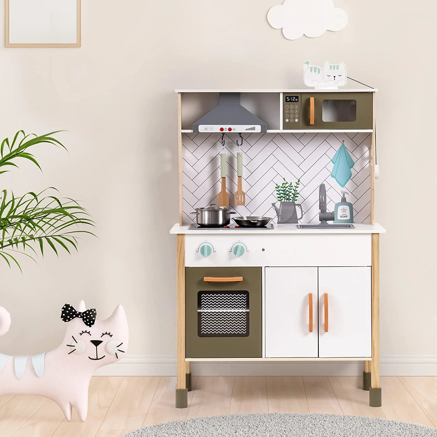 YILAN Wooden Play Kitchen for Kids,Toys Kitchen with Light & Sound &Range Hood,Chef Pretend Play Kitchen Set for Girls Toddlers Age 4-8