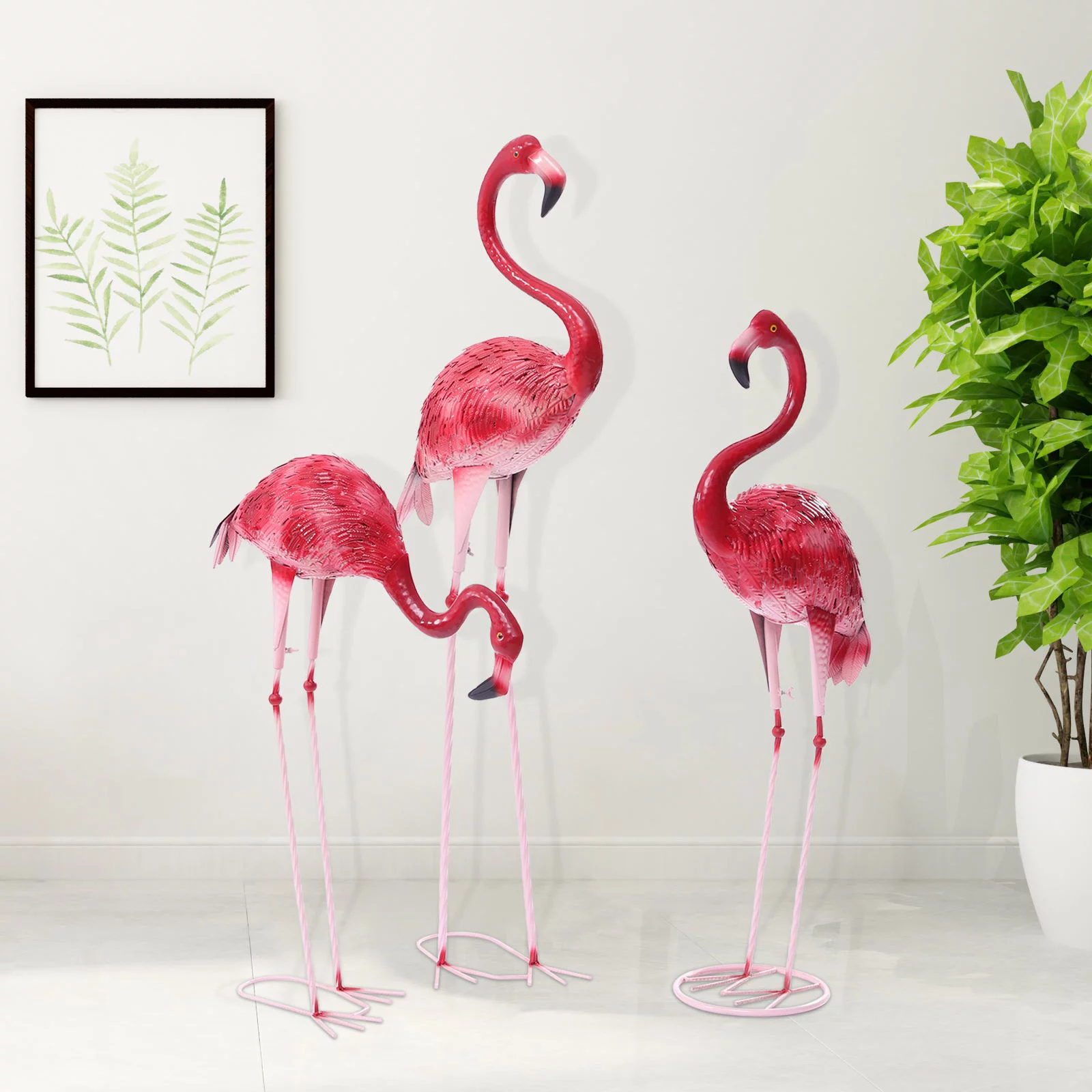 Wuzstar 3Pcs Pink Flamingo Statue Iron Outdoor Indoor Flamingo Sculpture for Patio Lawn Backyard Decorations