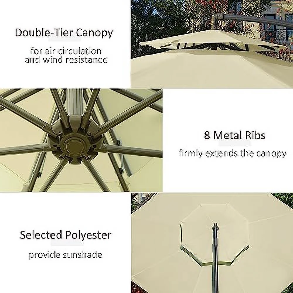 Outsunny 9' 2-Tier Cantilever Umbrella with Crank Handle, Cross Base and 8 Ribs, Garden Patio Offset Umbrella for Backyard, Poolside, and Lawn