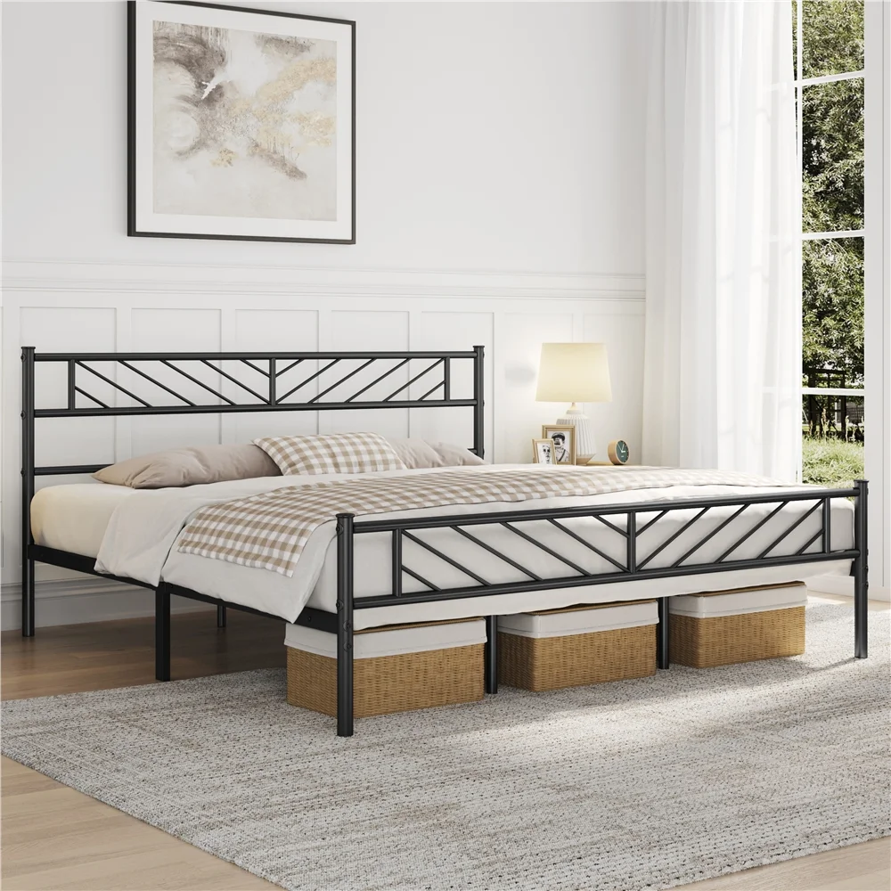 Easyfashion Justice Metal Platform Bed with Arrow Design,California King,Black