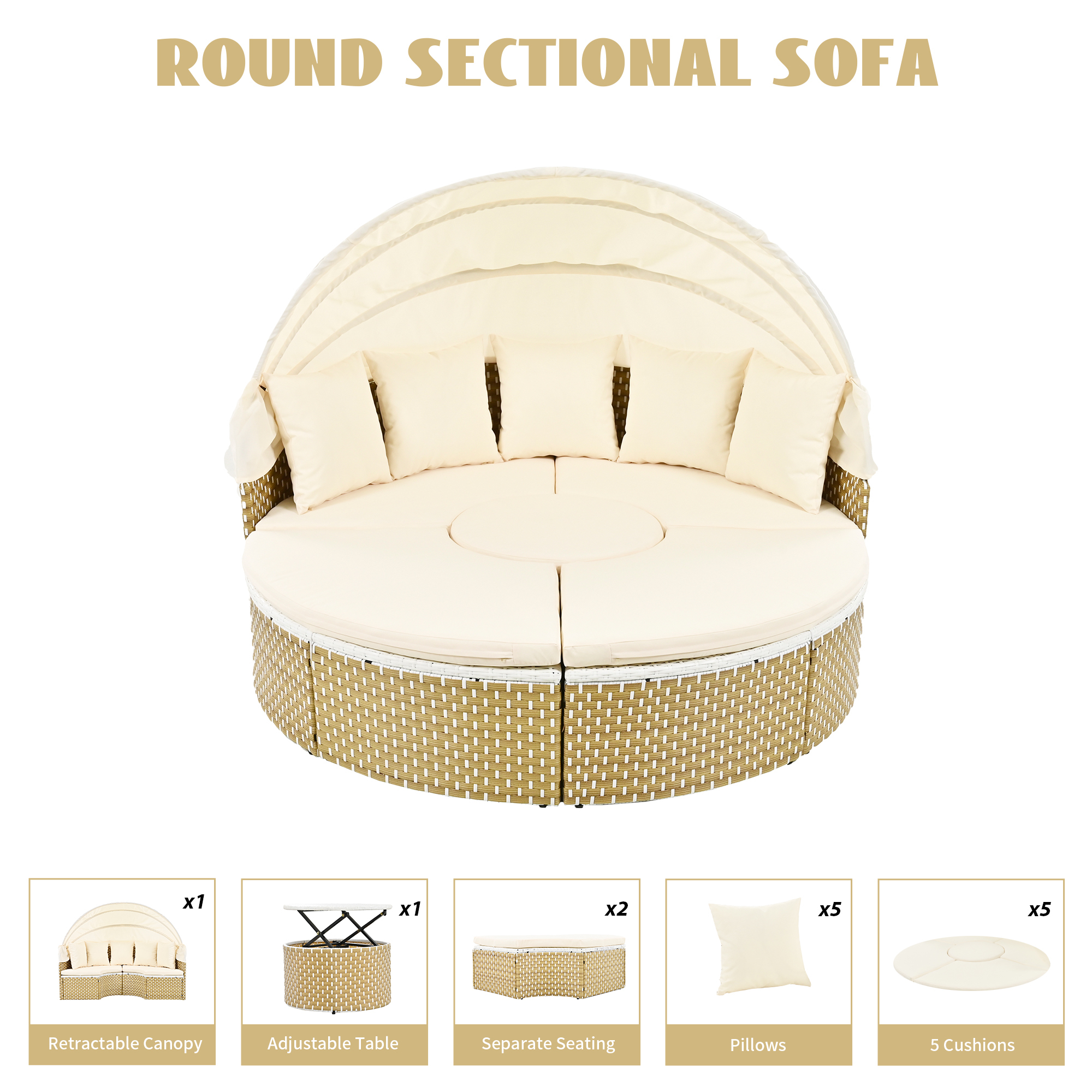 Outdoor Sectional Round Patio Daybed with Retractable Canopy, Sunbed Patio Bed with Cushions and Separate Seating, Wicker Rattan Patio Conversation Sets 4 Pieces for Backyard Porch Lawn, Beige