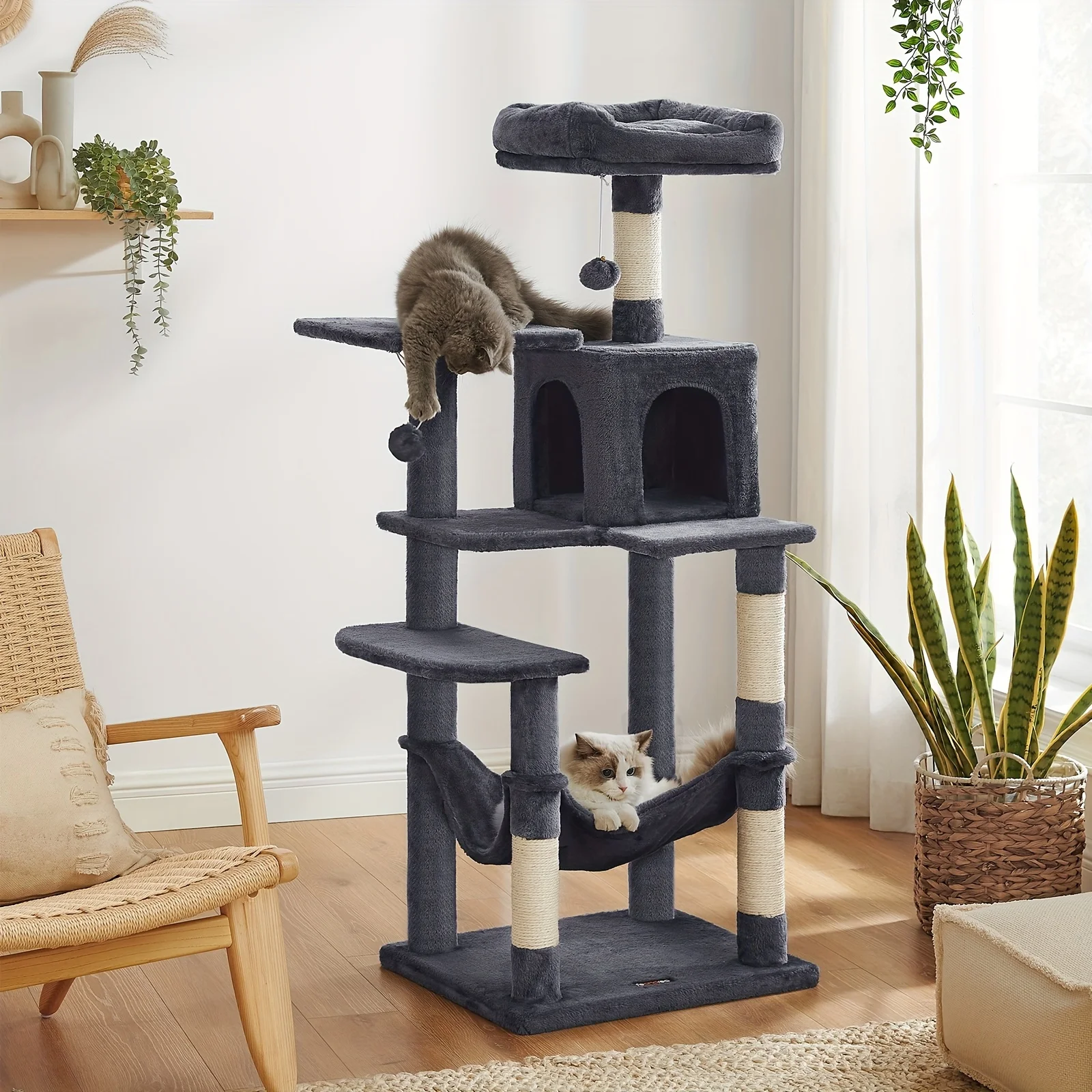 Feandrea Cat Tree, 56.3-Inch Cat Tower for Indoor Cats, Multi-Level Cat Condo with 4 Scratching Posts, 2 Perches, Hammock, Cave, Smoky Gray UPCT161G01