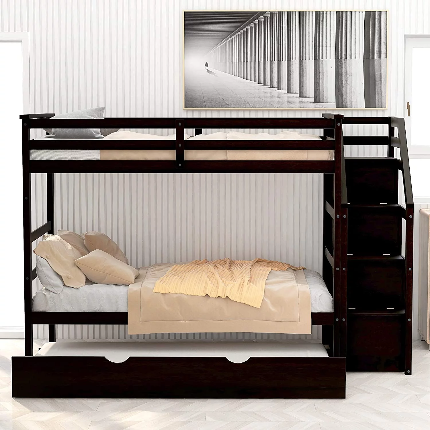 Churanty Twin over Twin Bunk Bed for Kids,Wood Twin Bunk Bed with Storage and Trundle,Espresso