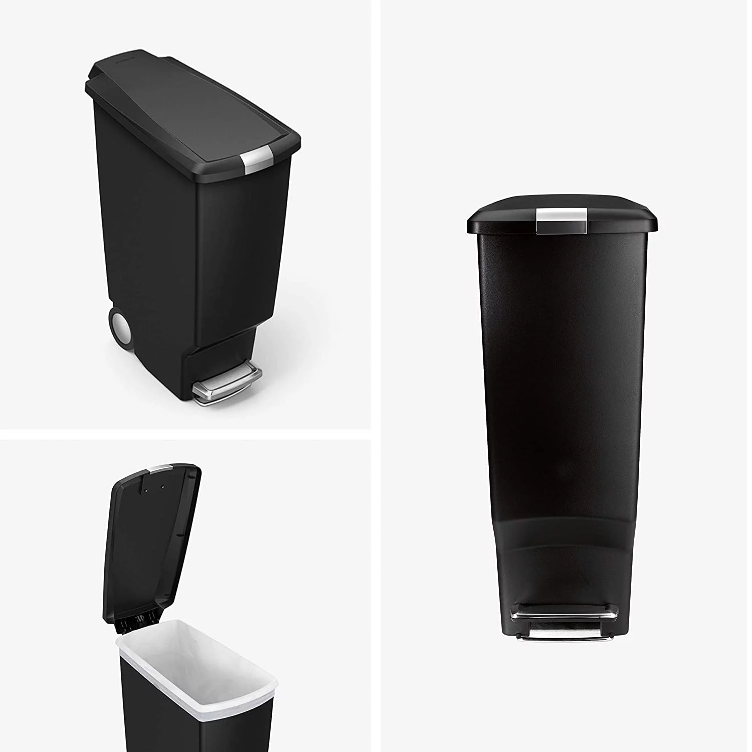 40 Liter / 10.6 Gallon Slim Kitchen Step Trash Can With Secure Slide Lock, Black Plastic