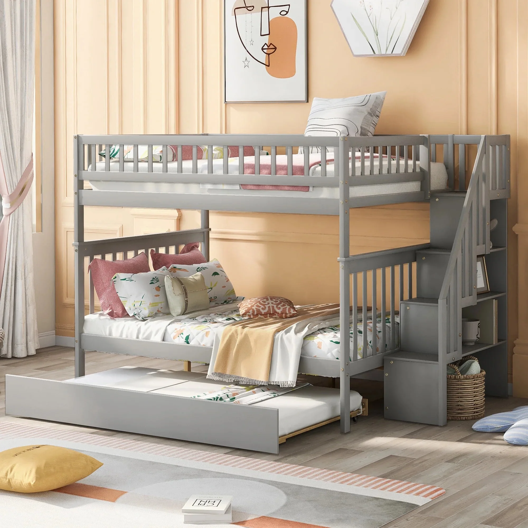 Living Pavilion Full over Full Bunk Bed with Trundle and Staircase,Pine wood MDF, Gray