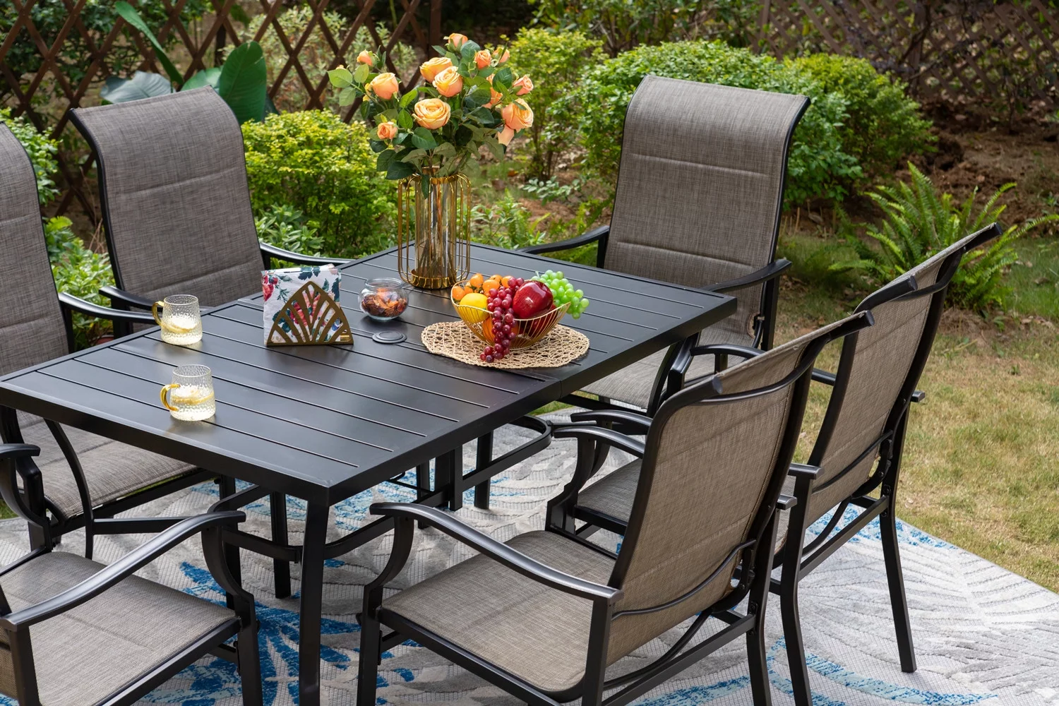 MF Studio 7 Pieces Outdoor Patio Dinning Set with 6 Pieces textilen outdoor dining chairs for patio, deck, porch