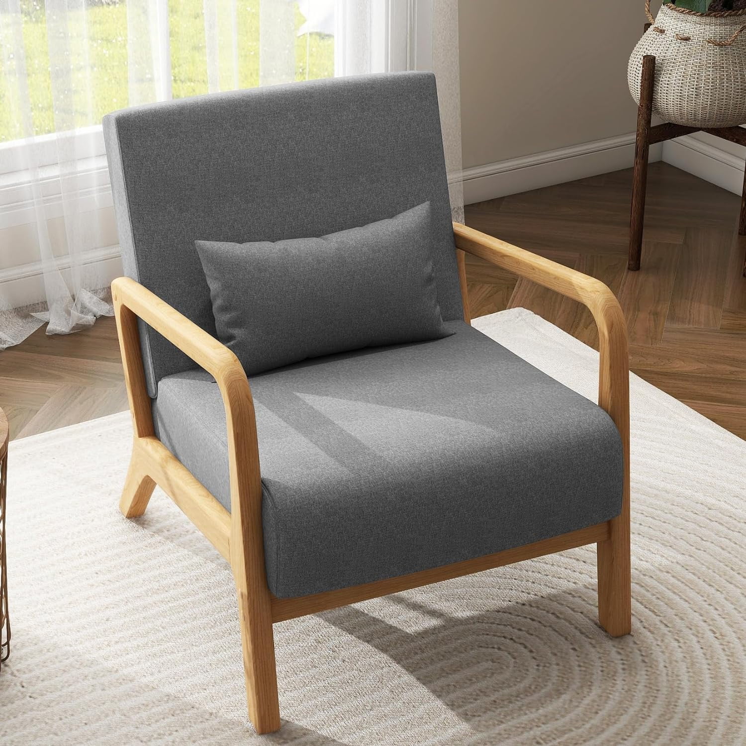MQLIFEBOOM Modern Accent Chair Mid Century Living Room Arm Chairs  Comfy Upholstered Armchair Solid Wood Single Sofa Lounge Reading Seat Bedroom Side Seating with Lumbar Pillow  Grey