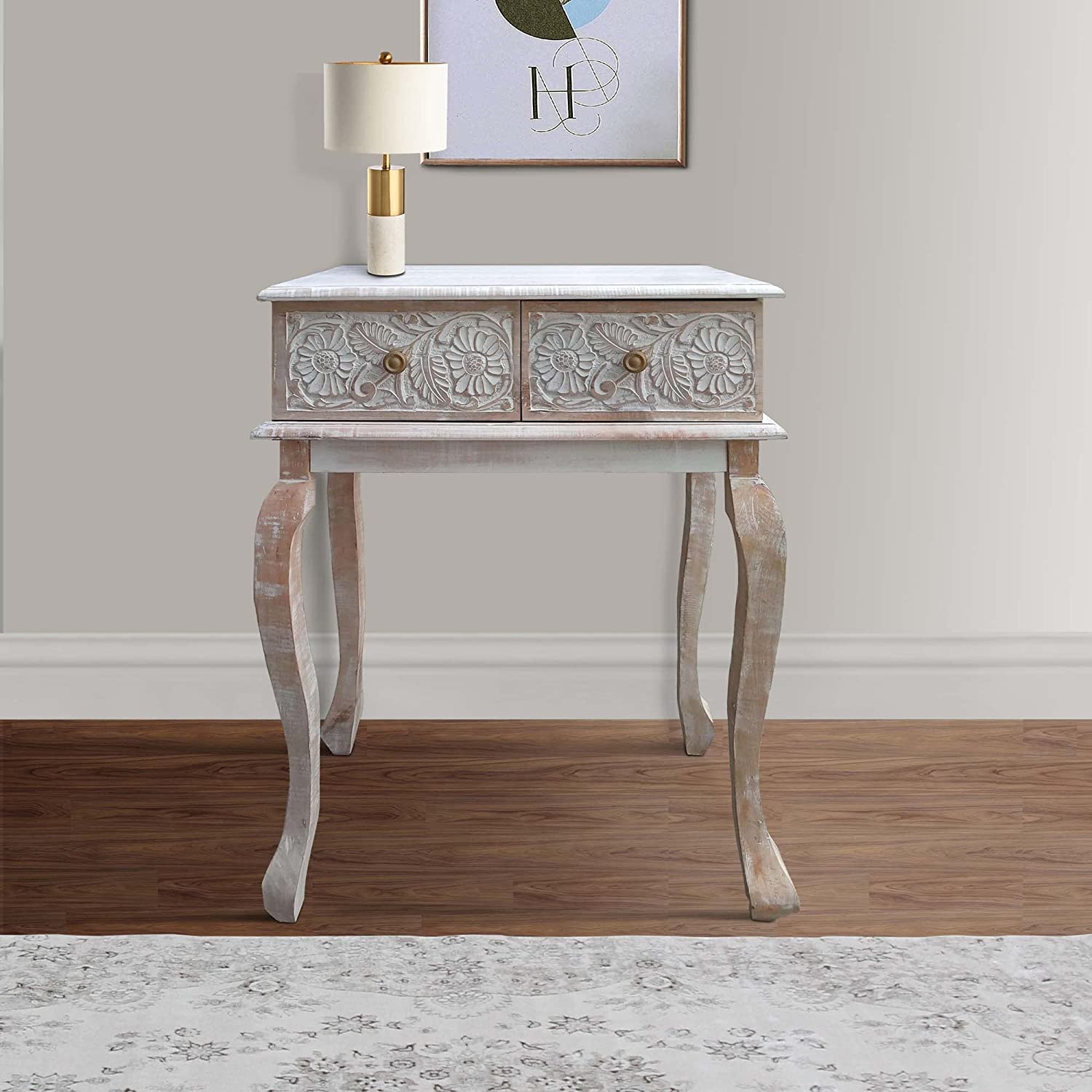 JYHOME 2 Drawer Mango Wood Console Table with Floral Carved Front  Brown and White