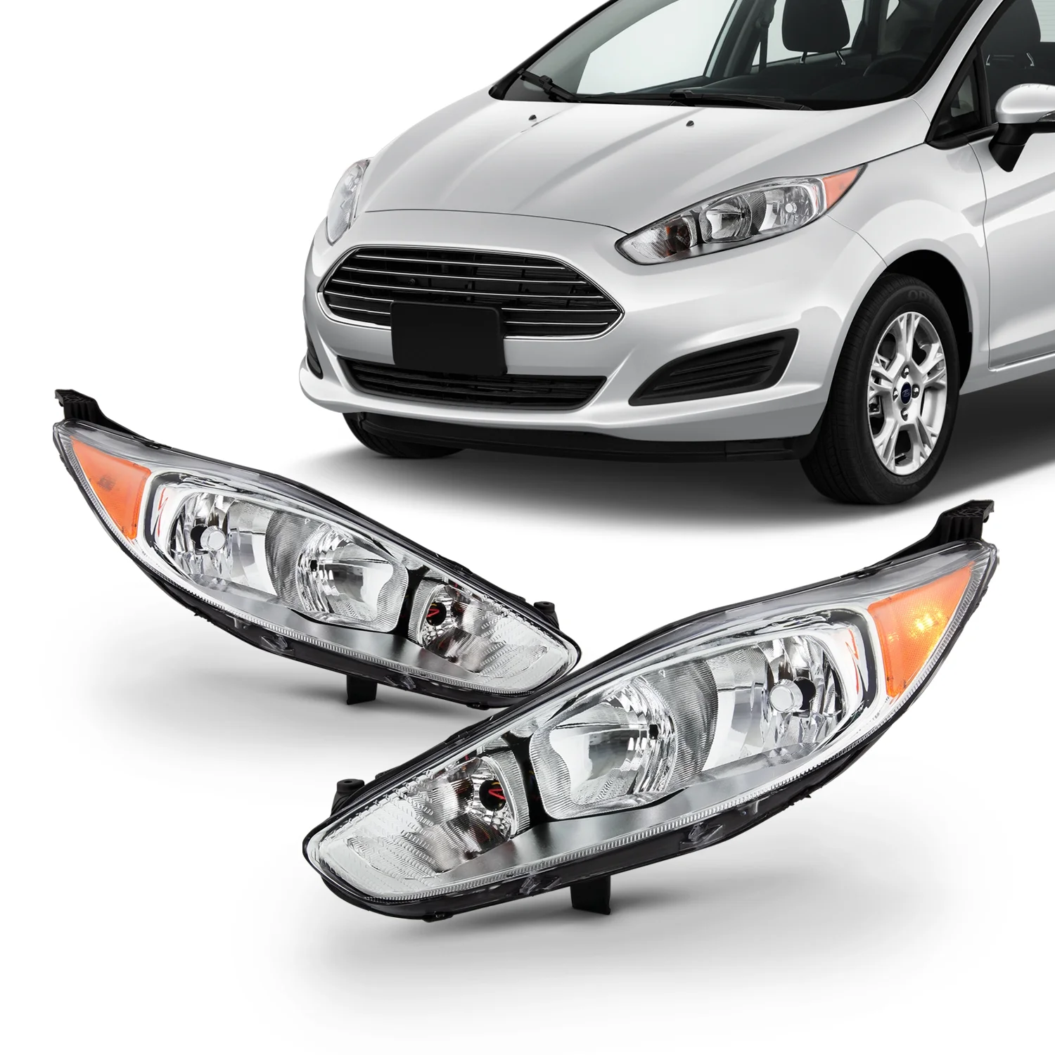 AKKON - Fits 2014 2015 2016 2017 Ford Fiesta Titanium Sedan Hatchback [Halogen Type] Chrome Headlights Pair Left+Right Headlamp