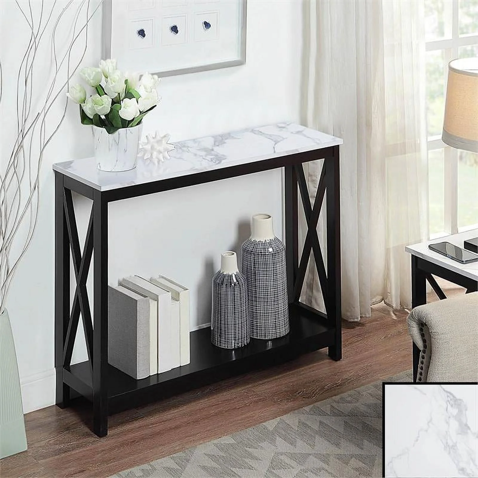 Pemberly Row Console Table with Shelf in White Faux Marble and Black Wood Top