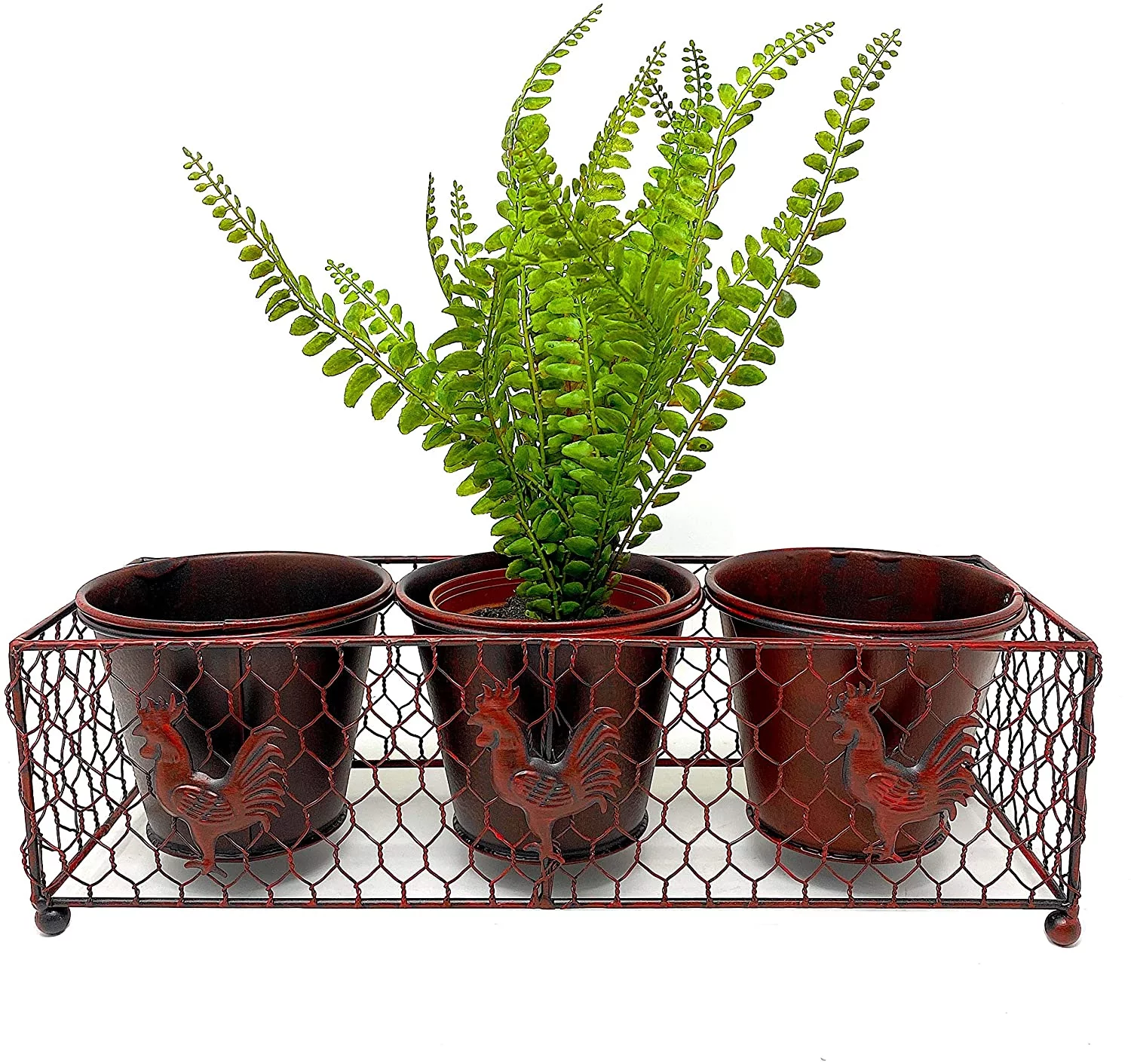 Rooster Planter Rustic Burgundy Decor 3 Metal Pots In Wire Basket Farmhouse Barnyard Inspired Indoor Outdoor 14