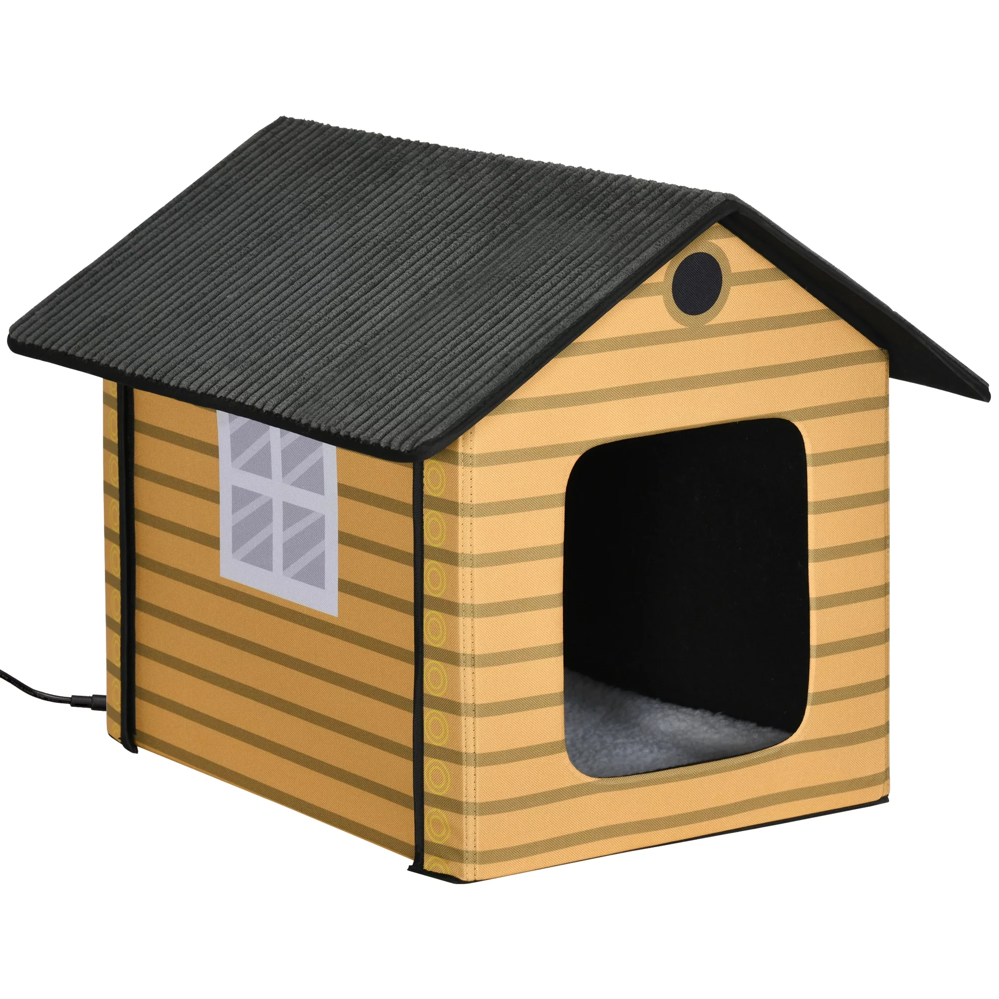 PawHut Heated Cat House Condo, Foldable Enclosed Pet House with Heating Pad for Cats or Small Dogs, Use for Indoor or Covered Outdoor Areas, Log Cabin Design