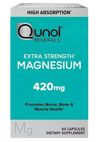Qunol Magnesium Capsules (60 Count), High Absorption, 420mg, Extra Strength, Bone, Nerve, and Muscle Health Supplement