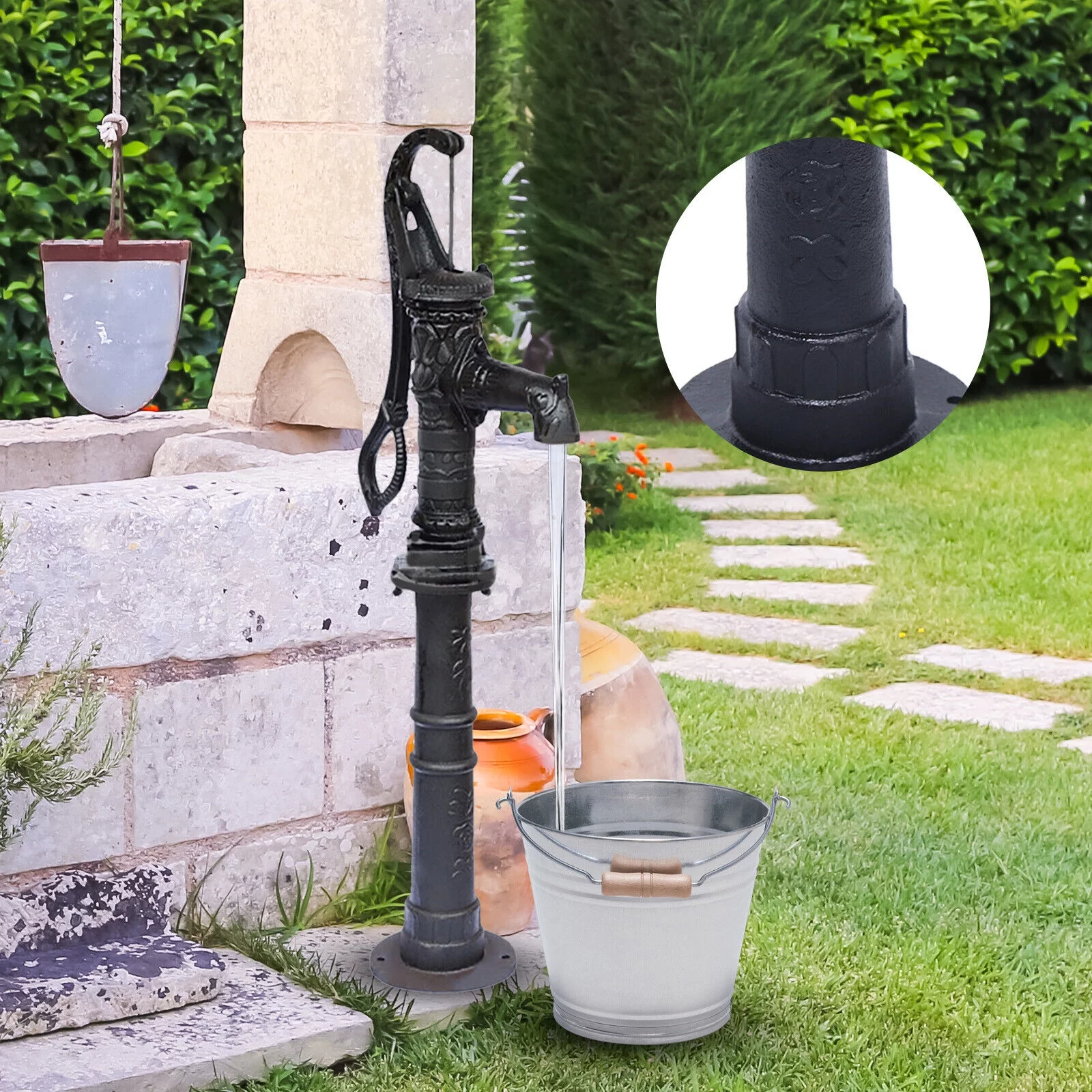 Antique Hand Water Pump Pitcher Pump Cast Iron Fit GardenYard Ponds +Raised Base