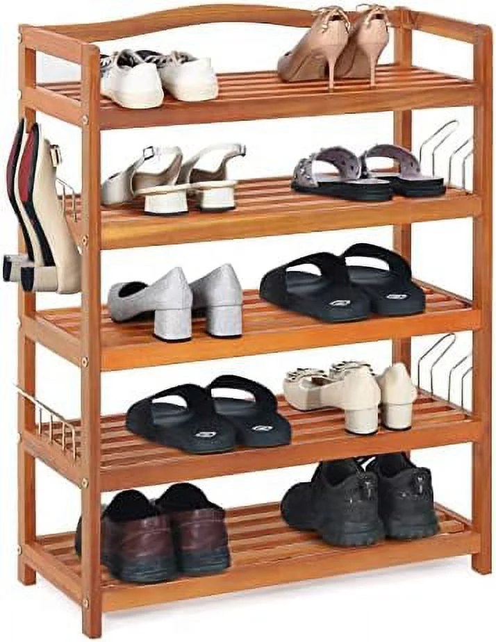 JYHOME 5-Tier Shoe Rack  Acacia Wood Shoe  with Side Metal Hooks  Holds up 12-18 Pairs  Shoe Organizer  Shoe   Wooden Shoe Rack for Entryway  33\u2019\u2019Lx10.5\u2019\u2019Wx32.5\u2019\