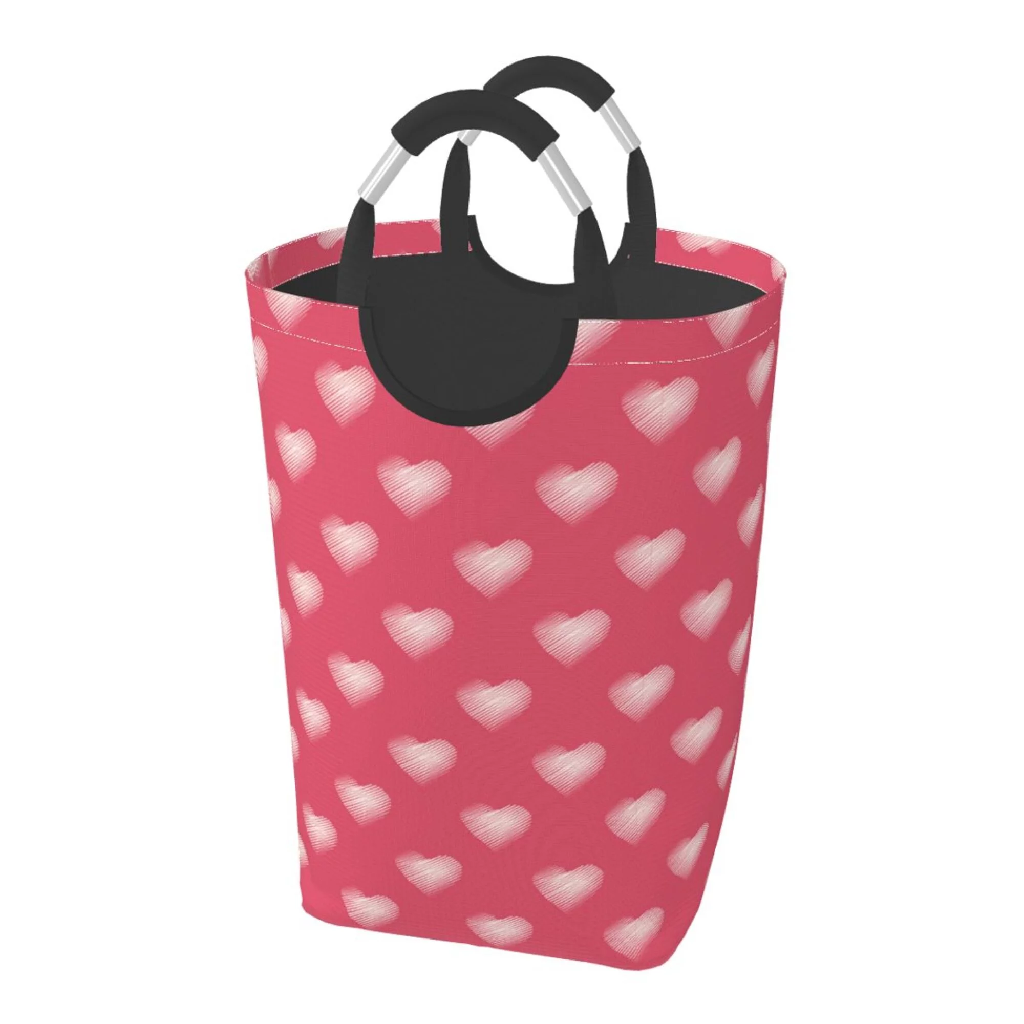 TEQUAN 50L Large Rectangular Laundry Hamper with Aluminum Handles, Romance Pink Valentine Hearts Prints Waterproof Foldable Dirty Clothes Basket