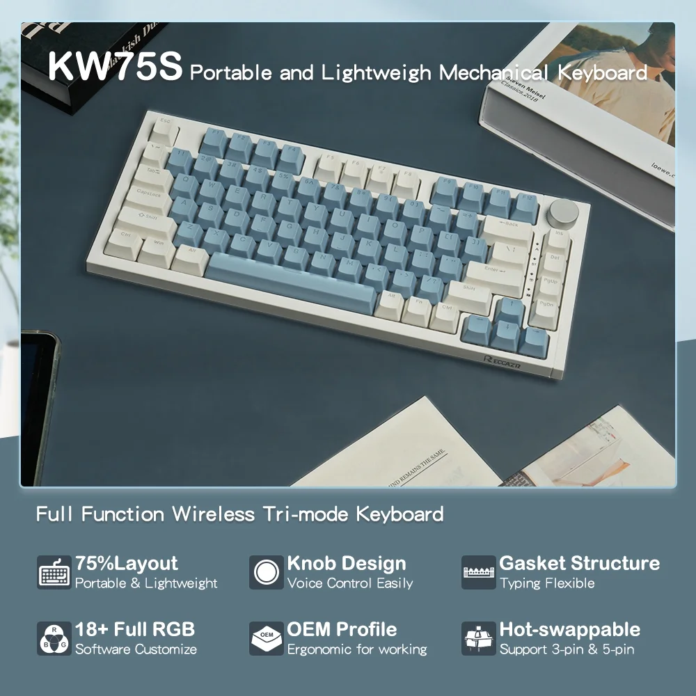 RECCAZR KW75S Wireless Mechanical Keyboard, GASKET Hot-swappable Gaming Keyboard, Bluetooth/2.4GHz/USB-C, 81Keys, RGB Backlit (White Blue, Gateron G-pro Yellow Switch)