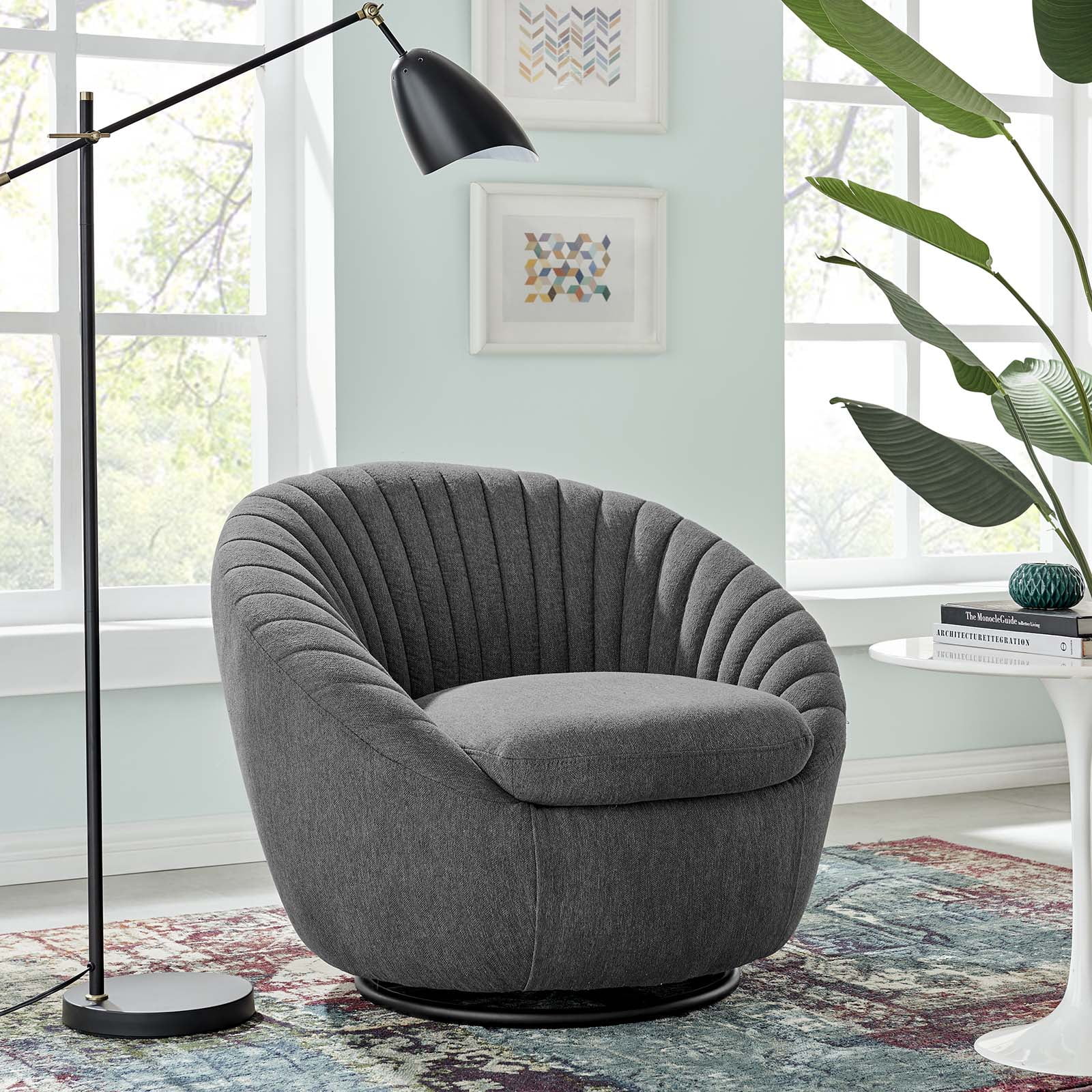 Modway Whirr Tufted Fabric Swivel Chair in Black Charcoal