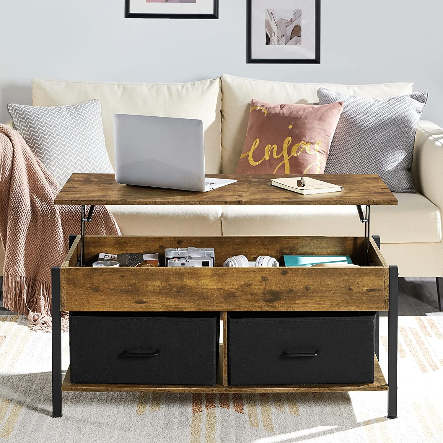 Lift Top Coffee Table with Hidden Storage and 2 Fabric Baskets for Living Room, Wooden Raisable Top Center Table with Shelf and Metal Frame, Easy Lift Up, 41.5 Inch, Rustic Brown