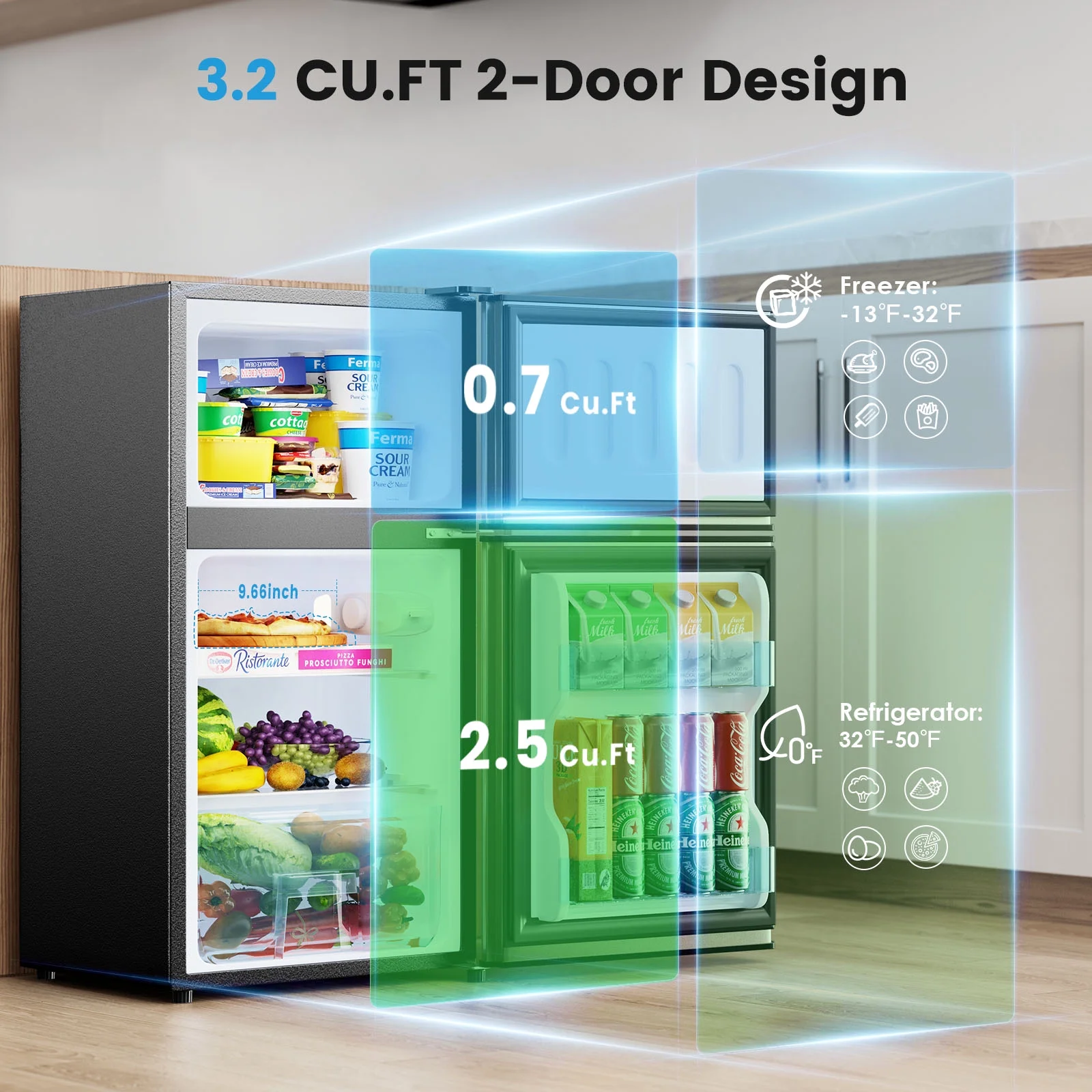 Bodare 3.2 Cubic Feet Freestanding Mini Fridge with Freezer