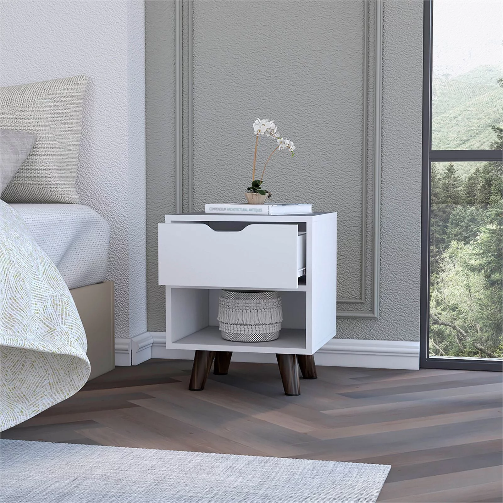 Home Square Engineered Wood Nightstand 1 Drawer in White - Set of 2