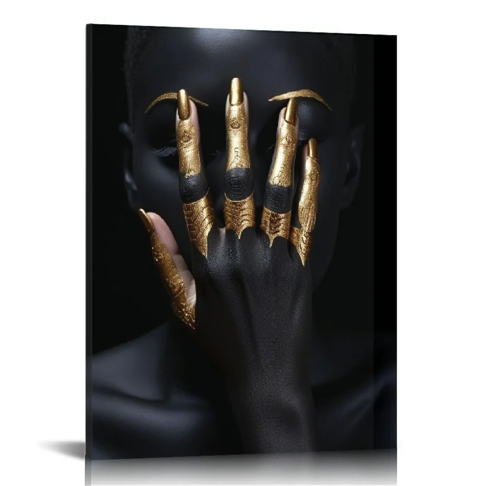 COMIO Wall Art Canvas Painting (12×16inch), Golden Makeup Black Woman Portrait Artwork African American Wall Art Modern Wall Decor For Living Room Bathroom Hallway