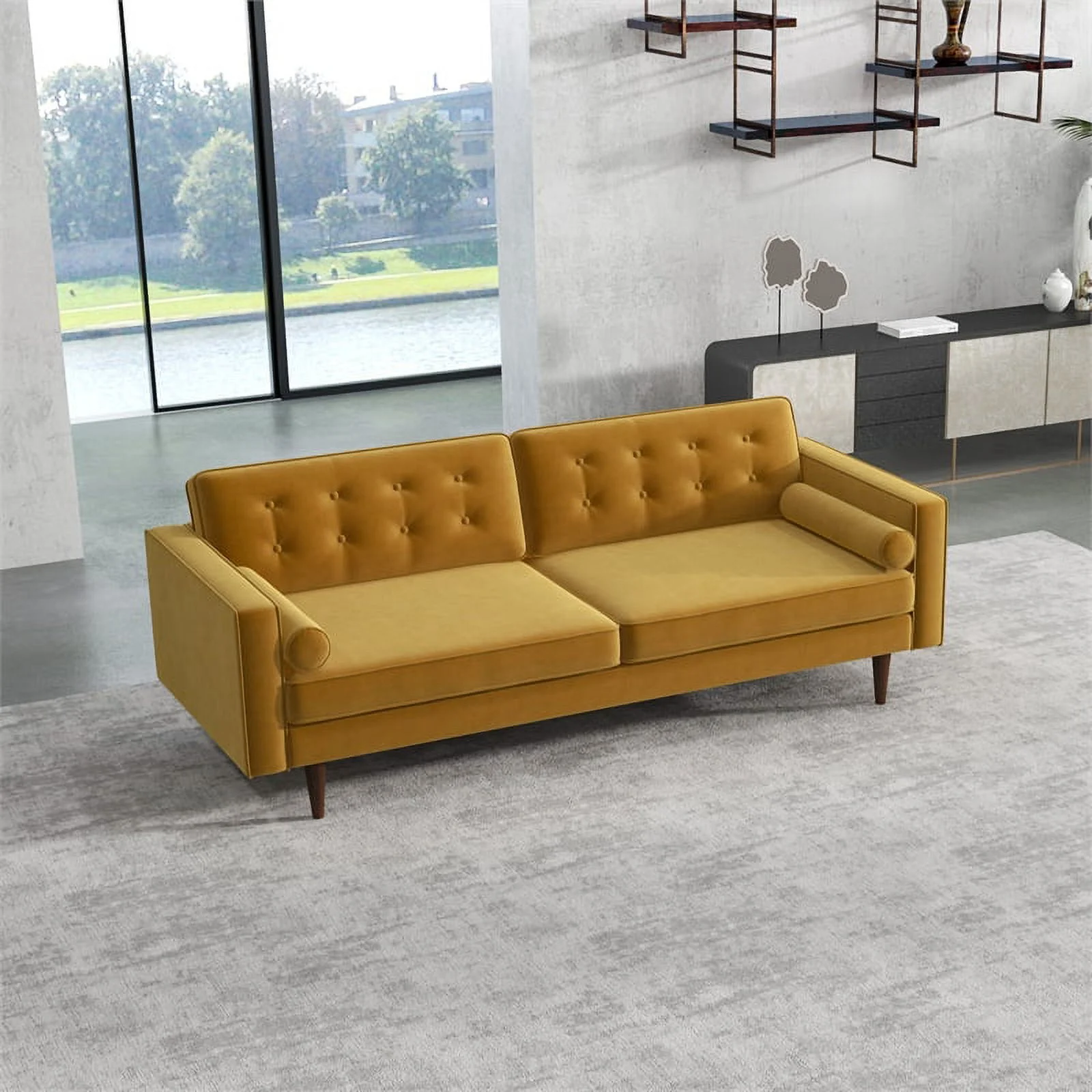 Pemberly Row Mid-Century Modern Tufted Back Gold Velvet Upholstered Sofa