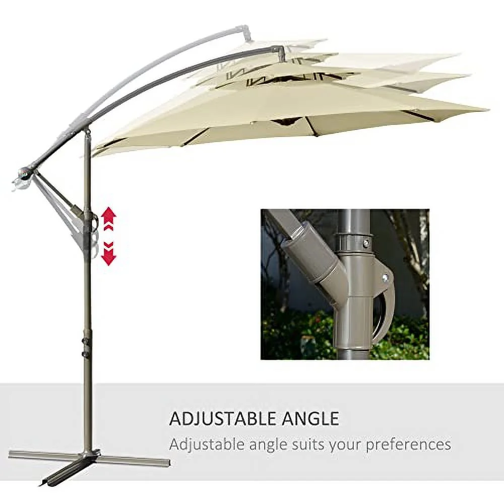 Outsunny 9' 2-Tier Cantilever Umbrella with Crank Handle, Cross Base and 8 Ribs, Garden Patio Offset Umbrella for Backyard, Poolside, and Lawn