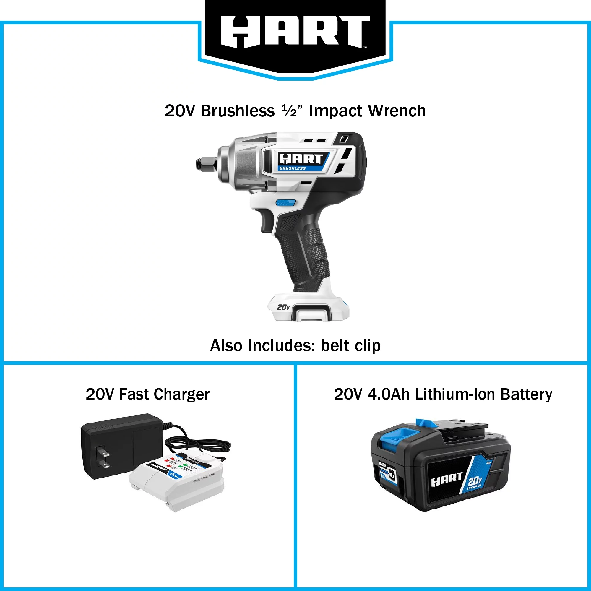 HART 20-Volt 1/2-inch Brushless Impact Wrench Kit, (1) 4.0Ah Lithium-Ion Battery