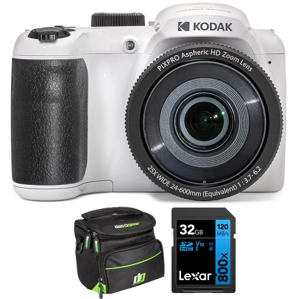Kodak PIXPRO Astro Zoom AZ255-WH 16MP Digital Camera, 25X Optical Zoom, White Bundle with Lexar 32GB High-Performance 800x UHS-I SDHC Memory Card + Deco Photo Camera Bag