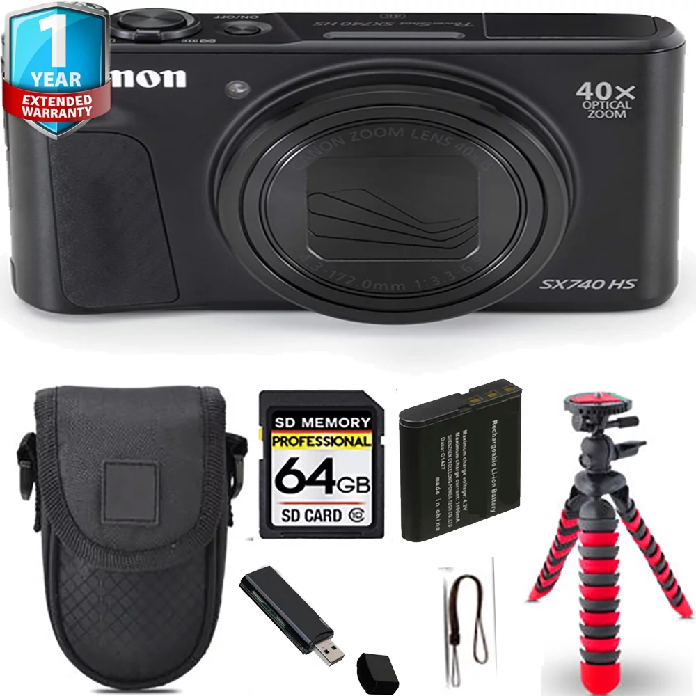 Canon PowerShot SX740 HS Digital Camera (Black) + Spider Tripod + 1 Yr Warranty - 64GB
