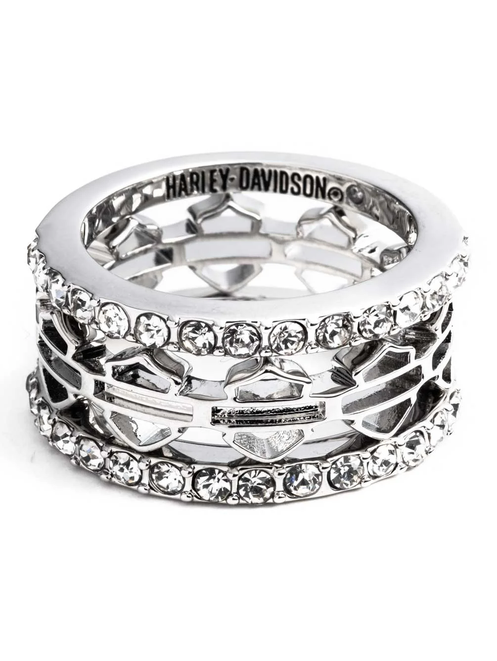 Harley-Davidson Women's Set of 3 Pave Bar & Shield Logo Stackable Rings (7), Harley Davidson