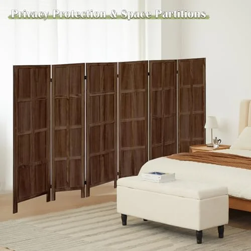 WTYNKAE 6 Panel Wood Room Divider Screen  5.6FT Tall Wall Dividers for Room Separation  Folding Room Dividers  Rustic Privacy Screen for Home Office Restaurant Bedroom Store  White