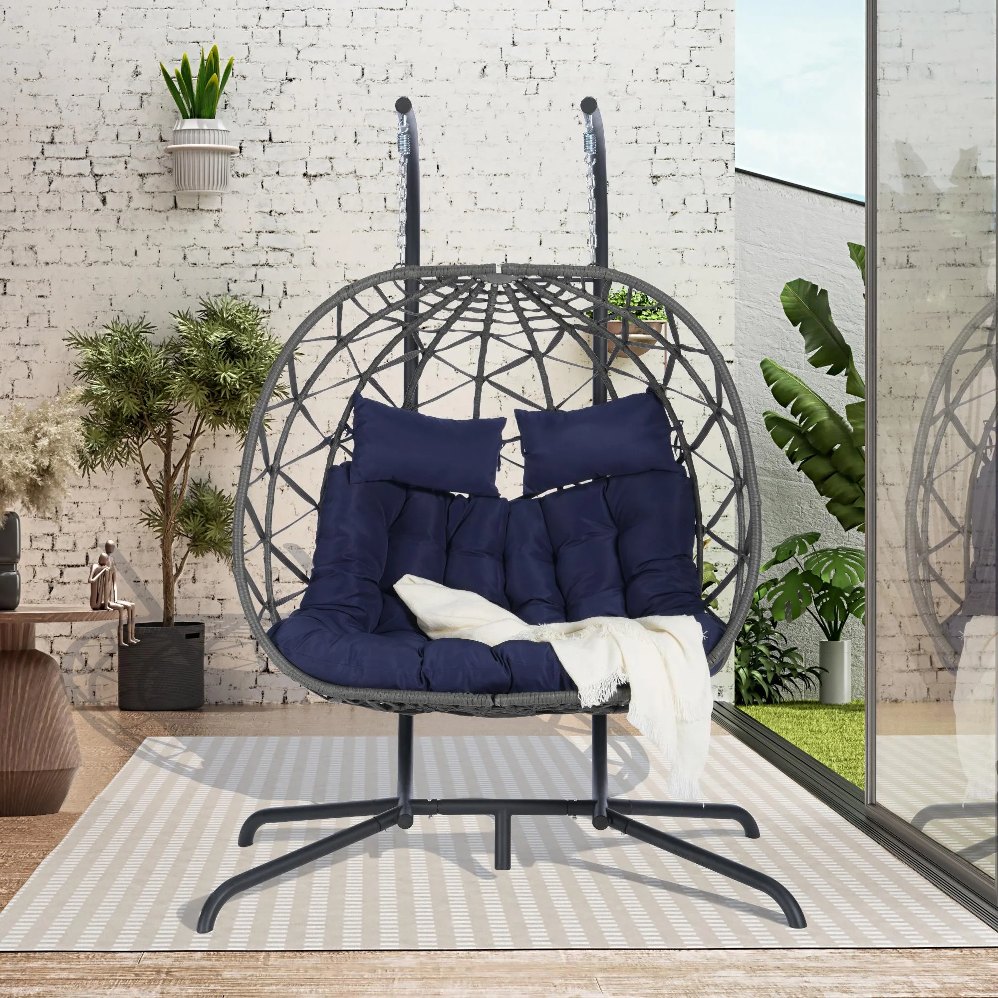 SEGMART 2-Person Hanging Swing Chair with Stand, Double Hanging Egg Chair with Cushion and Pillow, Foldable Wicker Rattan Patio Basket Hanging Chair for Indoor Outdoor Garden, Dark Blue