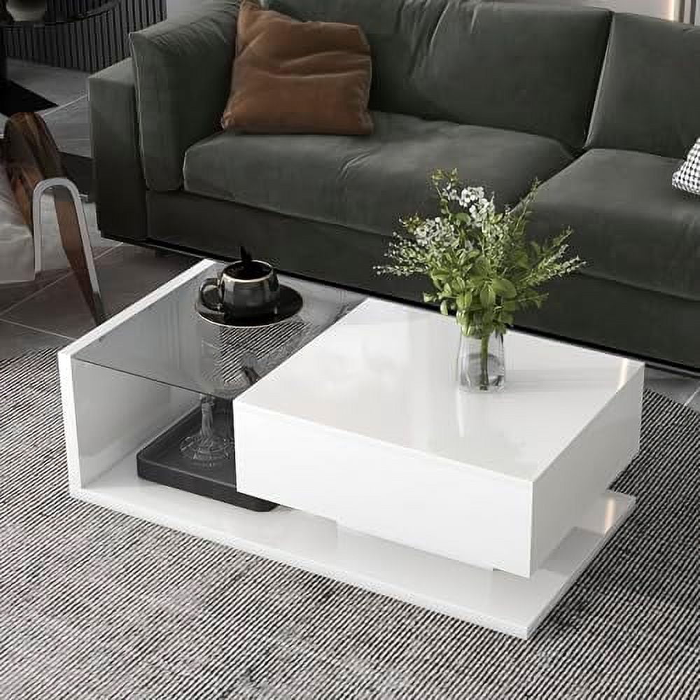 JDZHAPPYLIFE Glass Top Coffee Table with   2-Tier Rectangular Coffee Table with Tempered Glass & High-Gloss UV Surface  Minimalist Design Center Table for Living Room-White
