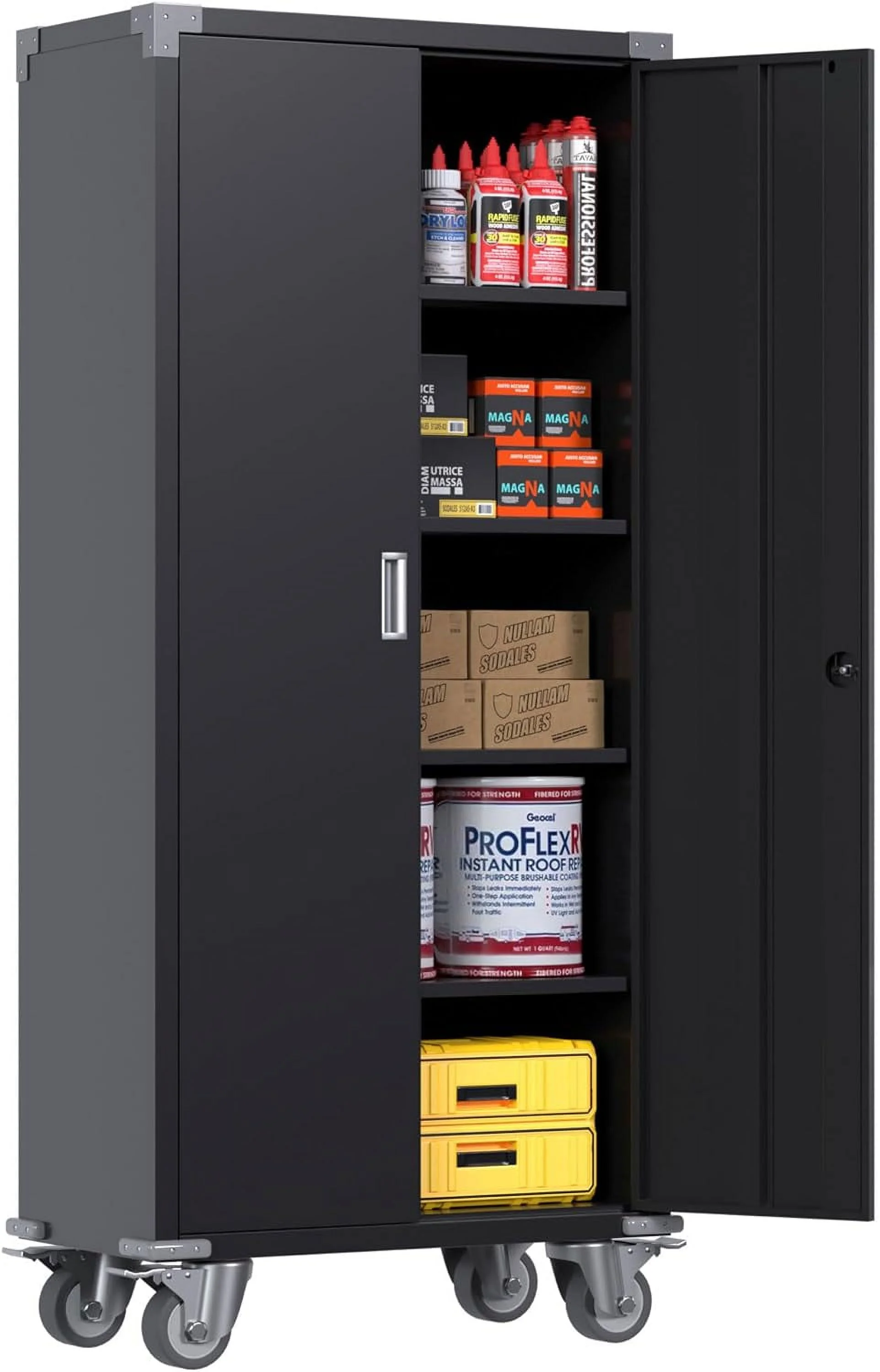 Storage Cabinet With Doors, Metal Cabinet With 4 Shelves,Assembley Required (72'' With Wheel, Black)…