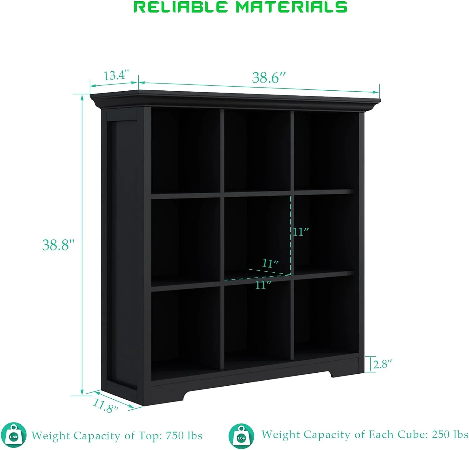 HYUN Cube Storage Bookcase with Base - Wooden 3 Tiers Floor Standing Open Shelf Cabinet for Home and Office, 9-Cube Lattice Bookshelf, Black