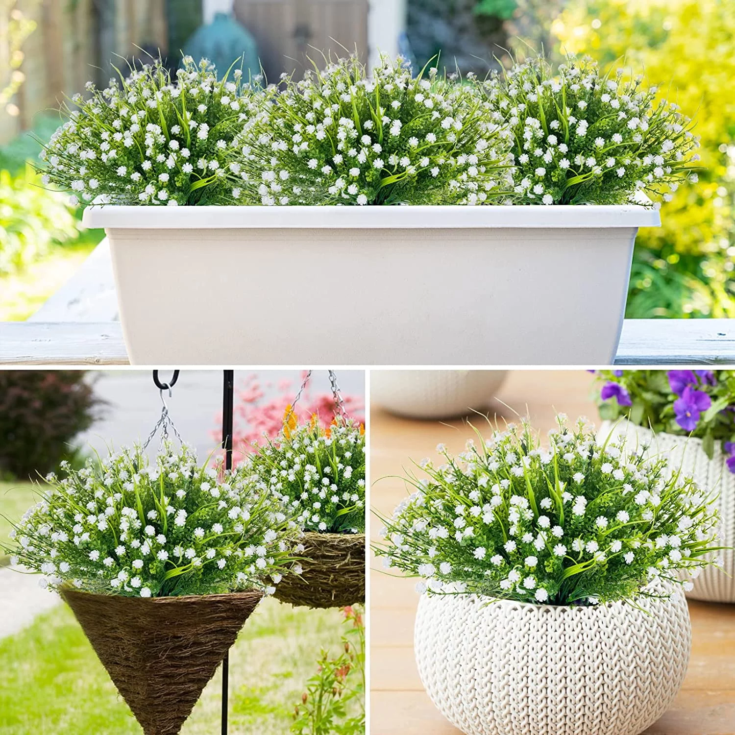6/12Pcs Artificial Baby's Breath Flowers Outdoor, Gypsophila Fake Flowers UV Resistant Faux Plastic Flower for Hanging Planters Window Box Front Porch Indoor Outside Décor