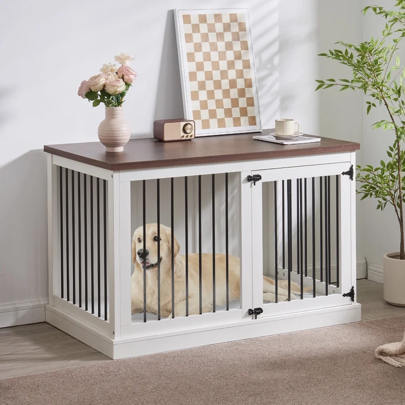 Large Dog Crate Furniture, 47.2” Indoor Dog Kennel Furniture Style House, Wooden Decorative Pet House End Side Table, White