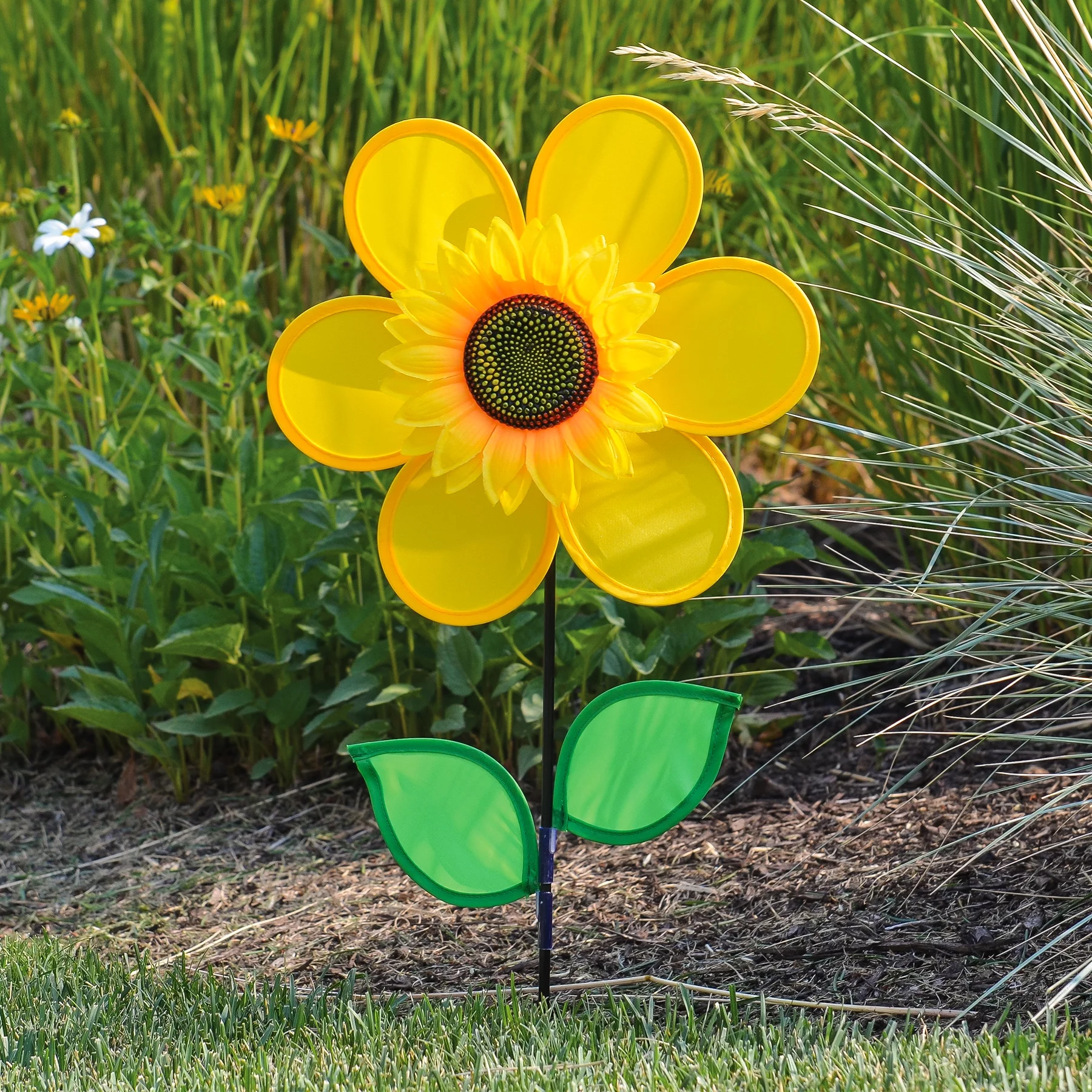 In the Breeze 2791 — 12 Inch Yellow Sunflower Spinner with Leaves — Colorful Flower for Your Yard and Garden