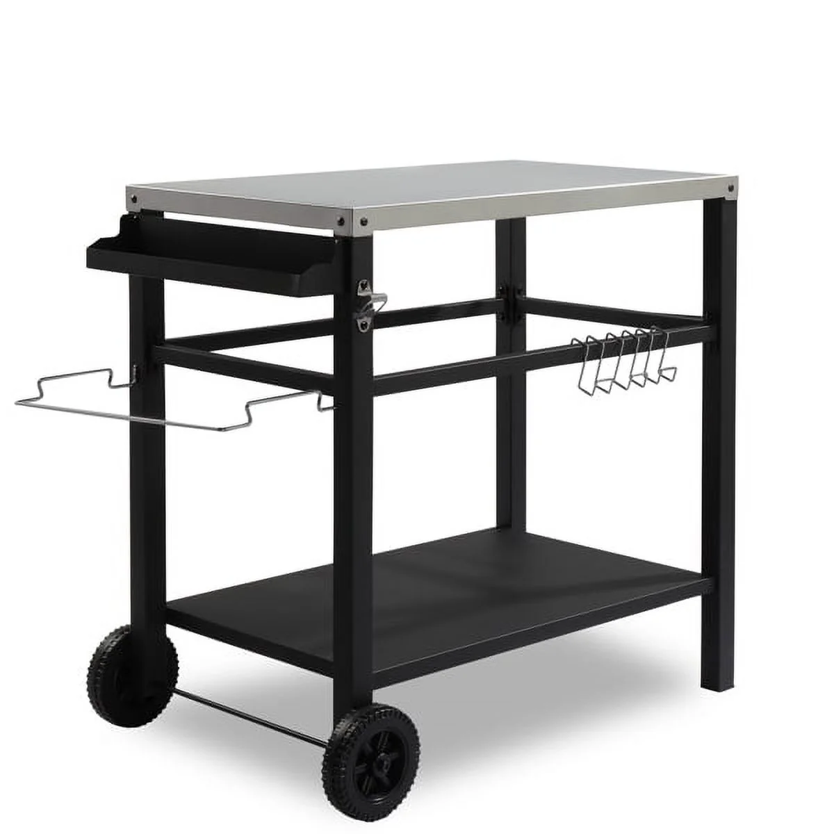Fithood Stainless Steel Flattop Grill Cart, Movable BBQ Trolley Food Prep Cart, Multifunctional Worktable Island with Two Wheels, Hooks