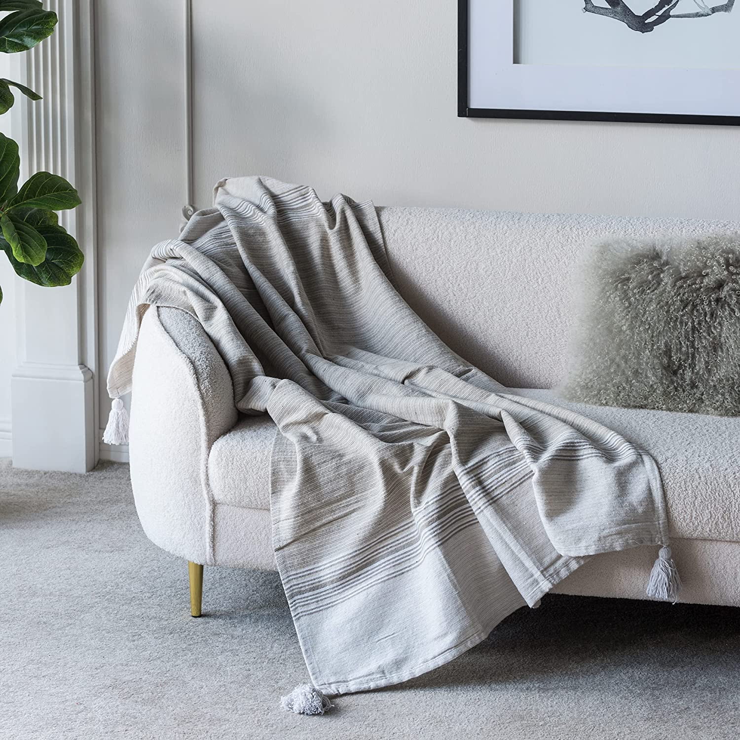 A&B Home Throw Blanket - Beige and White Stripe Woven Cotton Blend Blanket, 50