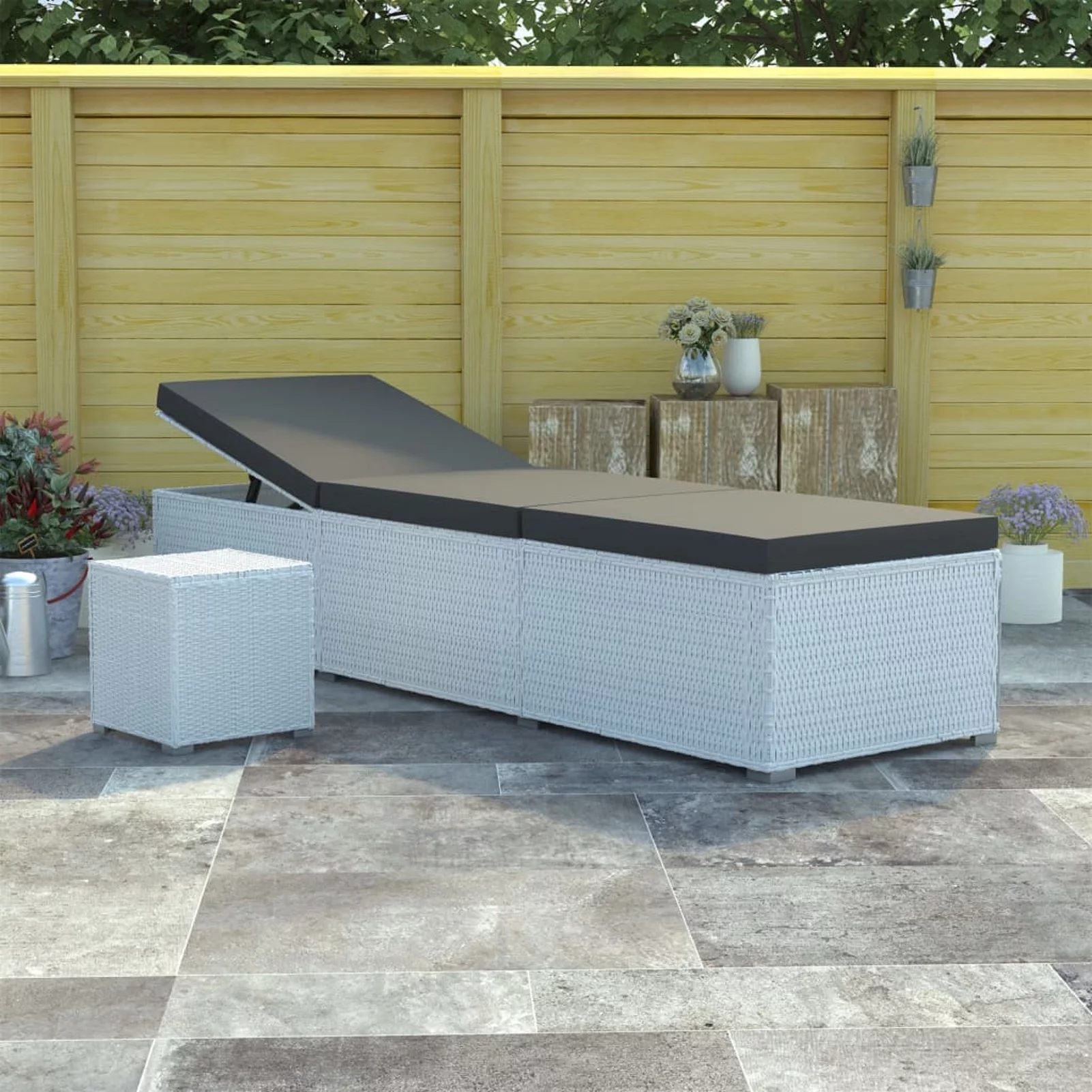 Htovila Sun Lounger with Cushion and Tea Table Poly Rattan White