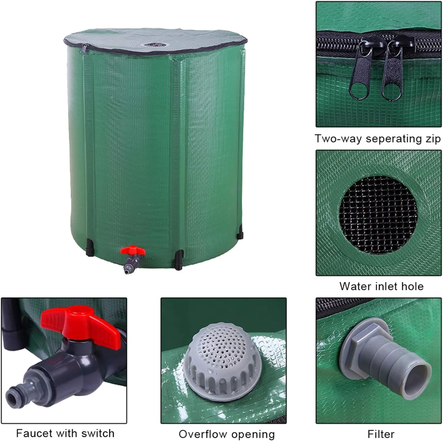 GOFLAME Rain Barrel Water Collector Portable Foldable Collapsible Tank,Spigot Filter Water Storage Container, Green (50 Gallon)