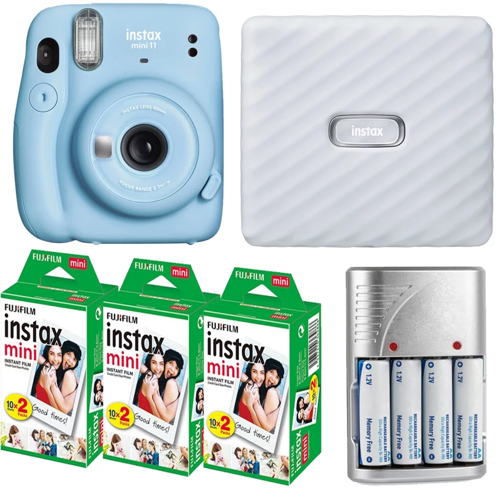 FUJIFILM INSTAX Mini 11 Instant Film Camera (Sky Blue) + 4X Rechargeable Battery + Mini Film  White Printer Kit (3 Pack)