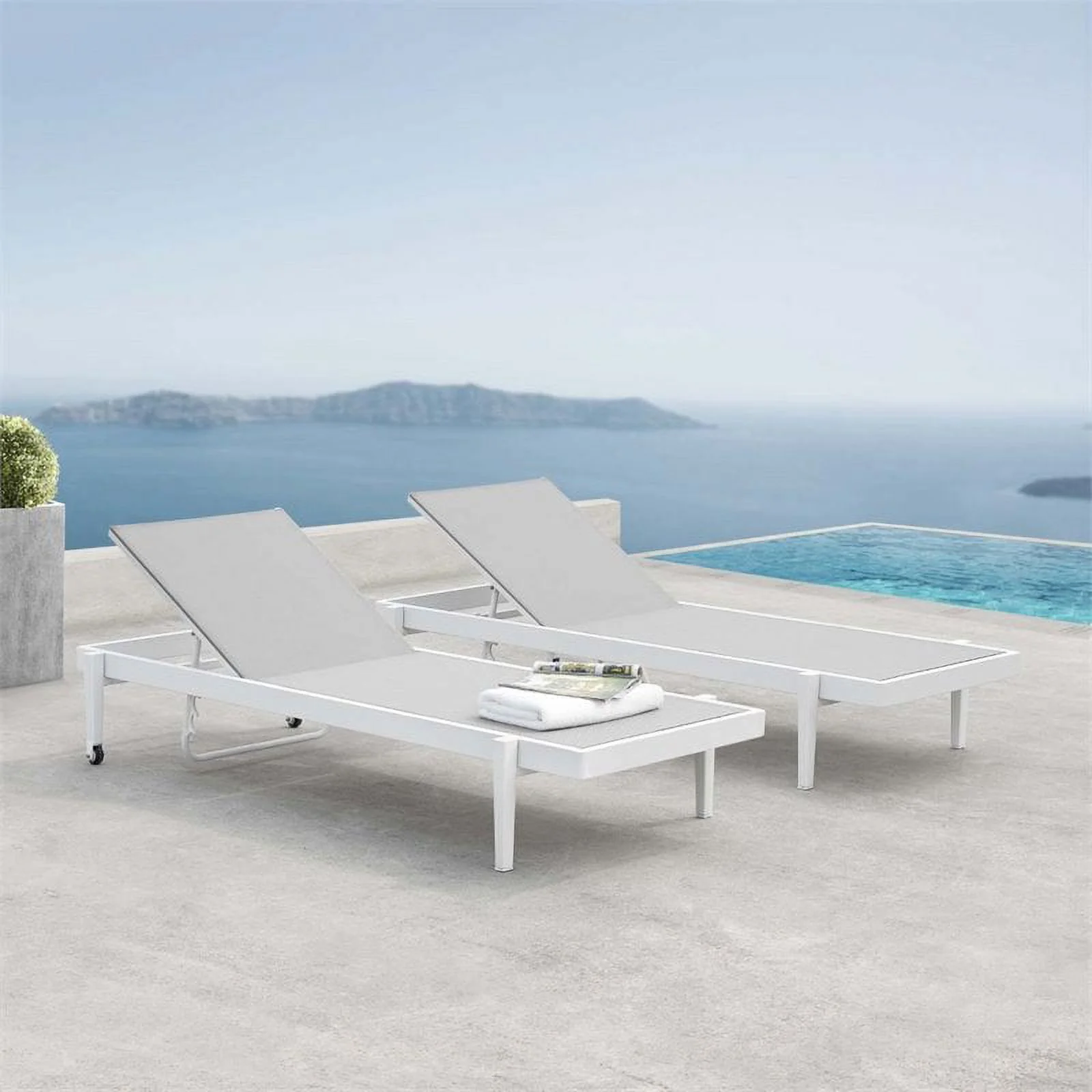 Pemberly Row  Patio Aluminum Chaise Lounge Chair in White Gray (Set of 2)
