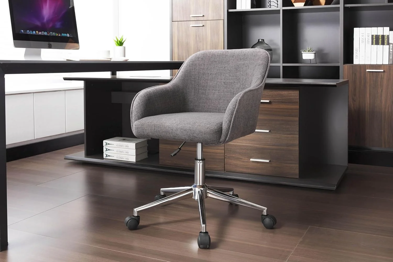 TJUNBOLIFE Faiz Office Chair  Soft Fabric Upholstery  Adjustable Height  -degree Swivel  Sturdy Chrome Base with Roller Wheels  Great for Offices and Home Studios\u2026